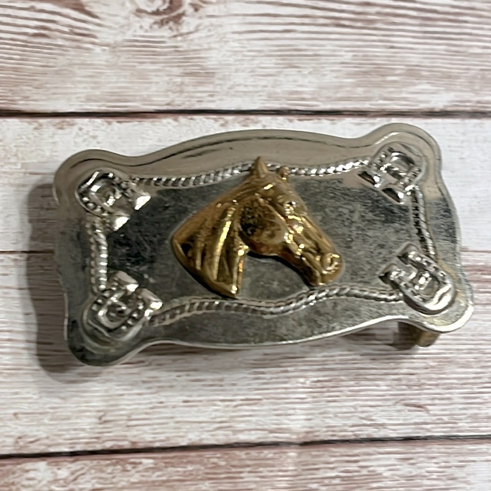 Antique Silver Justin Nickel Silver Belt Buckle Gold Toned Horse